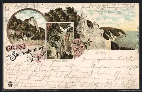 Lithographie Stubbenkammer, Königstuhl, Fischerhütte, Zerklüftete Wand