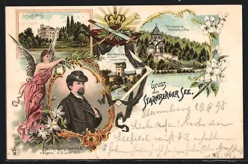 Lithographie Berg /Starnberger See, Schloss, Votiv-Kapelle, König Ludwig II.