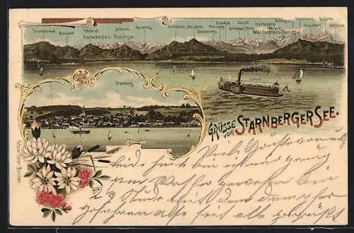 Lithographie Starnberg, See mit Passagierschiff und Gebirgspanorama, Blick zum Hafen