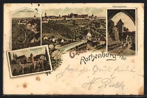 Lithographie Rothenburg / Tauber, Jacobskirche, Stadtmauerpartie, Kobolzellerthor & Ortsansicht