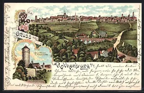 Lithographie Rothenburg / Tauber, Strafthurm m. Jakobskirche, Ortsansicht