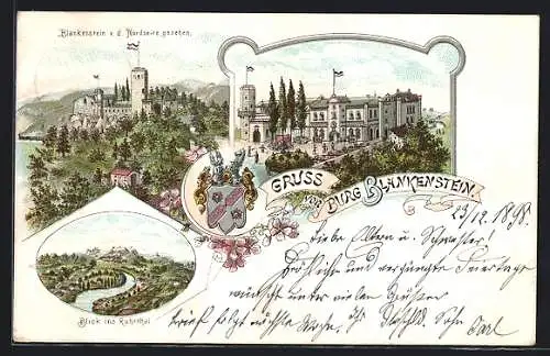 Lithographie Blankenstein / Hattingen, Gasthaus Burg Blankenstein, Blick ins Ruhrtal