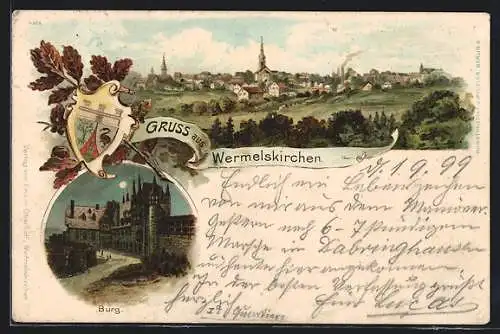 Lithographie Wermelskirchen, Burg bei Vollmond, Ortsansicht