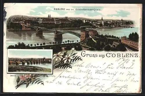 Lithographie Coblenz, Panorama mit Eisenbahnbrücke und Moselbrücke