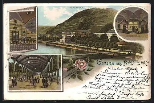 Lithographie Bad Ems, Kraehnchenbrunnen, Kurgarten, Kesselbrunnen, Wandelbahn