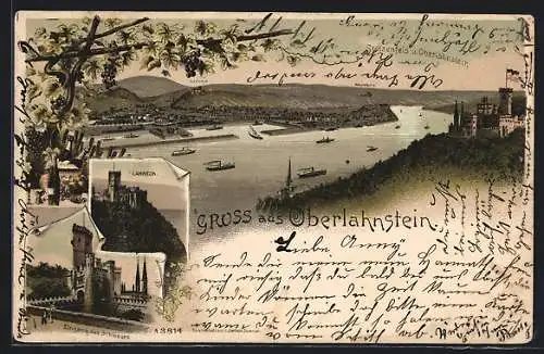 Lithographie Oberlahnstein, Totalansicht mit Stolzenfels, Lahneck und Schlosseingang