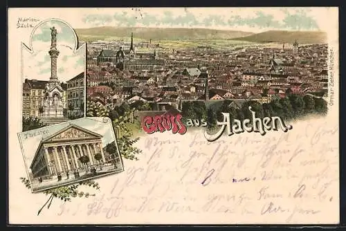 Lithographie Aachen, Marien-Säule, Theater, Ortsansicht aus der Vogelschau