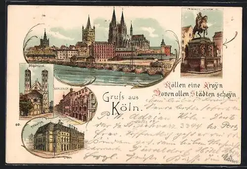Lithographie Köln, Gürzenich, Theater, St. Gereon