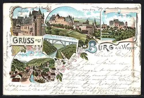 Lithographie Burg a. d. Wupper, Schloss Burg, Schloss-Hof, Unterburg