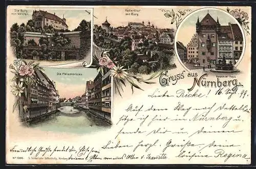 Lithographie Nürnberg, Nasssauer Haus, Fleischbrücke, Burg von Westen