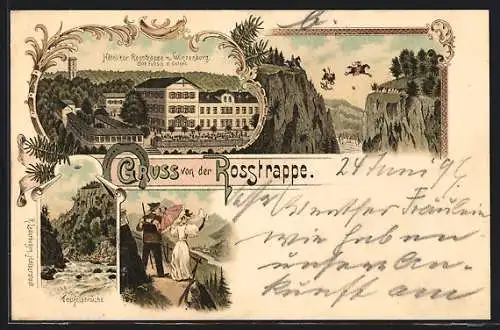 Lithographie Thale, Hotel zur Rosstrappe, Winzenburg, Teufelsbrücke, Wanderer und seine Frau, stürzender Reiter