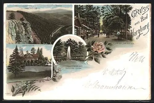 Lithographie Bad Harzburg, Sennhütte, Fontaine unter den Eichen, Blick v. d. Rabenklippe