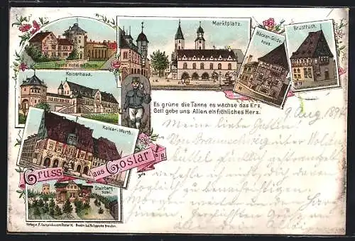 Vorläufer-Lithographie Goslar a. H., 1894, Pauls Hotel mit Turm, Steinberg-Hotel, Marktplatz, Kaiserhaus
