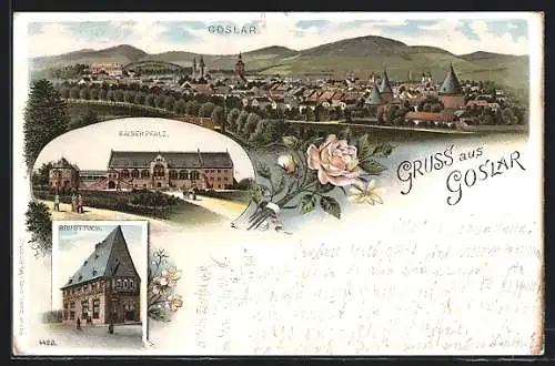 Lithographie Goslar, Brusttuch, Kaiserpfalz, Ortspanorama