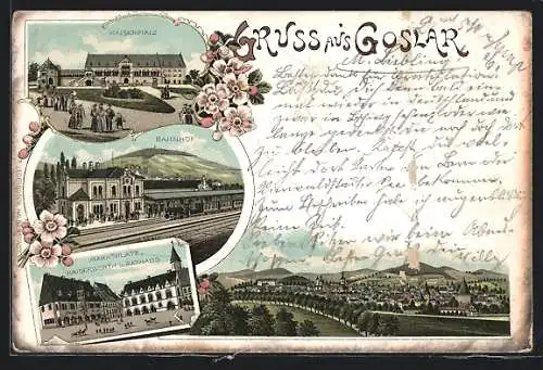 Lithographie Goslar, Bahnhof, Marktplatz, Kaiserworth und Rathaus