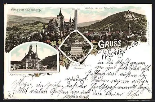 Lithographie Wernigerode, Blick v. Agnesberg, Totalansicht mit Schloss, Rathaus, Kaiser-Wilhelm-Denkmal, Um 1900