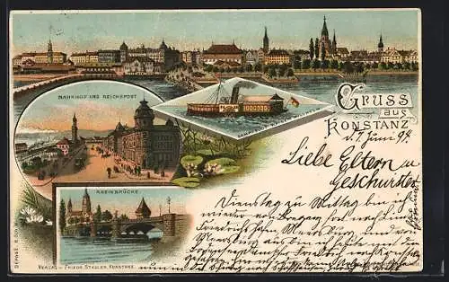 Vorläufer-Lithographie Konstanz, 1894, Bahnhof, Reichspost, Dampfboot Kaiser Wilhelm, Rheinbrücke