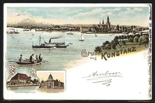 Lithographie Konstanz, Consiliumgebäude, Reichspost, Panorama mit Dampfern auf dem See