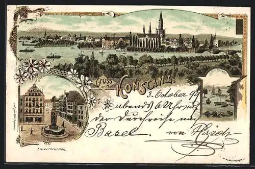 Lithographie Konstanz, Gesamtansicht, Kaiserbrunnen, Hafen-Einfahrt, Boote und Dampfer