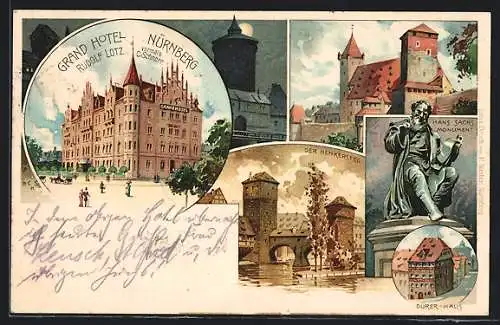 Lithographie Nürnberg, Grand-Hotel Carl Schnorr, Der Henkersteg, Hans Sachs Monument, Dürer-Haus