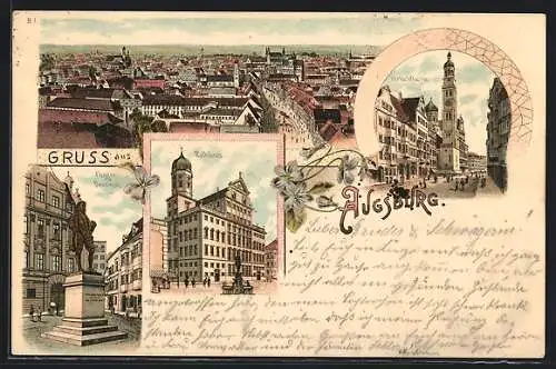 Lithographie Augsburg, Panorama, Fugger Denkmal, Rathaus, Strassenansicht