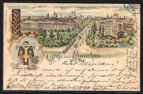 Lithographie München, Panorama vom Maximilianeum aus, Münchner Kindl