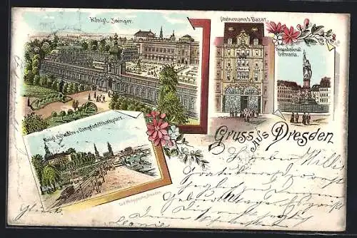 Lithographie Dresden, Königl. Belvedere und Dampfschiffhalteplatz, Kgl. Zwinger, Steinemann's Bazar