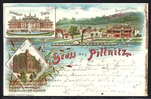 Lithographie Dresden-Pillnitz, Dampfschiff-Hotel, Lustschloss, Ruine