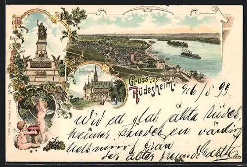 Lithographie Rüdesheim / Rhein, Rochuskapelle, Niederwalddenkmal, Panorama