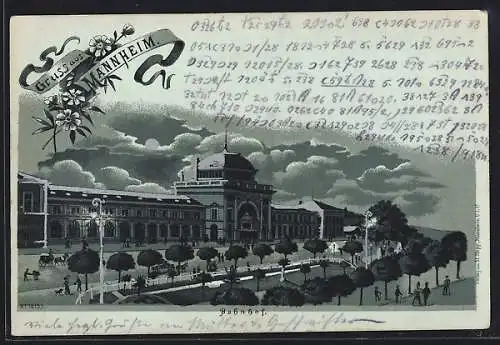 Mondschein-Lithographie Mannheim, Bahnhof mit Anlagen