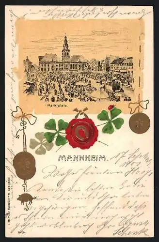 Lithographie Mannheim, Markttreiben auf dem Marktplatz, Glücksklee