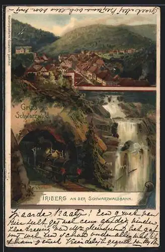Lithographie Triberg, Panorama, Wasserfall und Schwarzwaldbahn