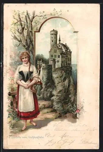 Passepartout-Lithographie Lichtenstein, Mädchen namens Bärbel mit Korb und in Tracht an der Burg um 1900
