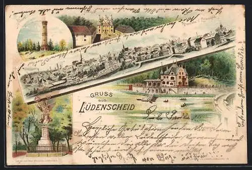 Lithographie Lüdenscheid, Panorama, Homertturm, Neuenhof, Kriegerdenkmal, Thalsperre