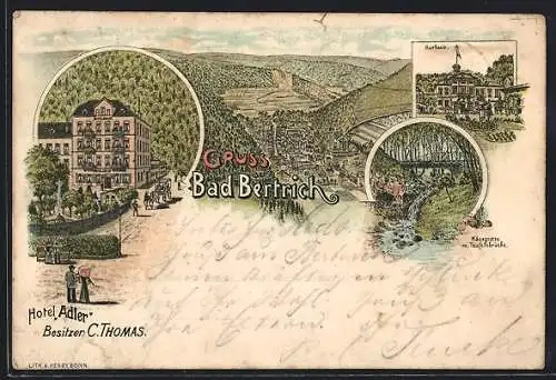 Lithographie Bad Bertrich, Hotel Adler Besitzer: C. Thomas, Kurhaus, Käsegrotte m. Teufelsbrücke