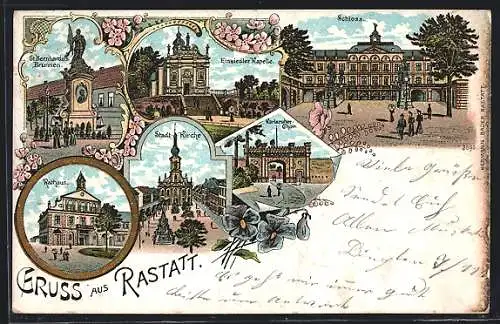 Lithographie Rastatt, Rathaus, Einsiedlerkapelle, Schloss