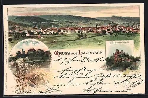 Lithographie Loerrach, Röttler-Schloss mit Obertüllingen