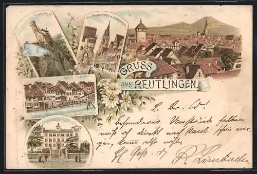 Lithographie Reutlingen, Frauenarbeitsschule, Obere Wilhelmstrasse, Marienkirche, Klein-Venedig