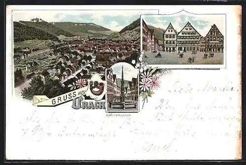 Vorläufer-Lithographie Urach / Luftkurort, 1895, Marktbrunnen, Ortsansicht aus der Vogelschau
