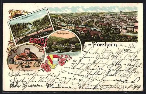Lithographie Pforzheim, Kupferhammer, Stadtgarten, Goldschmied