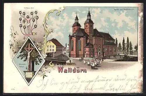 Lithographie Walldürn, Kirche mit Wallfahrern, Missions-Kreuz