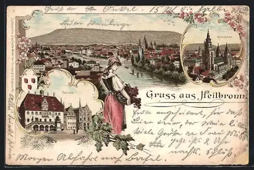 Lithographie Heilbronn, Kilianskirche, Friedenskirche, Stadtansicht mit dem Neckar