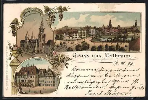 Lithographie Heilbronn, Ortspartie mit Brücke, Kilianskirche, Rathaus