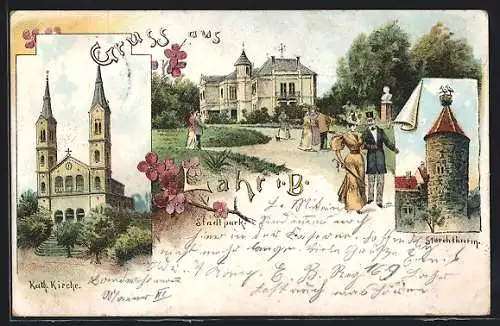 Lithographie Lahr i. B., Blick auf die Kath. Kirche, Stadtpark, Storchturm