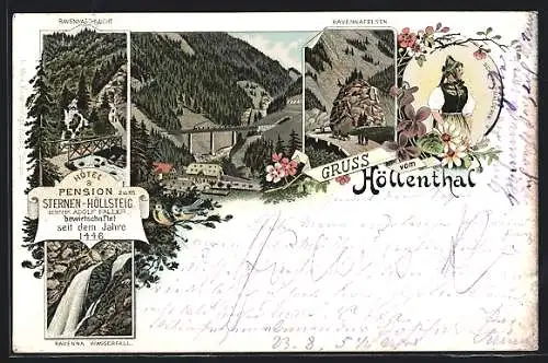 Lithographie Höllental /Schwarzwald, Hotel und Pension zum Sternen-Höllsteig, Ravennafelsen, Tracht