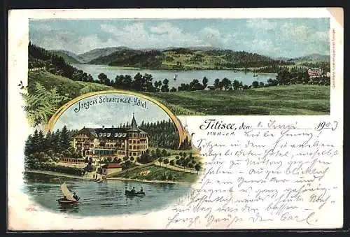 Lithographie Titisee, Jaeger`s Schwarzwaldhotel, Blick über den See
