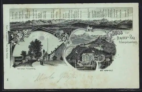 Mondschein-Lithographie Bad Hohen-Sulz / Peissenberg, Hohenpeissenberg, Zugspitze, Kreuzspitze