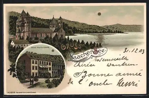 Lithographie Glees, Hotel Maria-Laach, Kloster am Laacher See um 1900