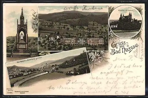 Lithographie Bad Nassau, Totalansicht, Kloster Arnstein, Blick vom Niederberg, Blumen, Um 1900