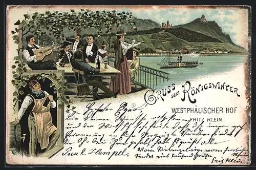 Lithographie Königswinter, Gasthaus Drachenfels, Herren mit Gitarre am Tisch